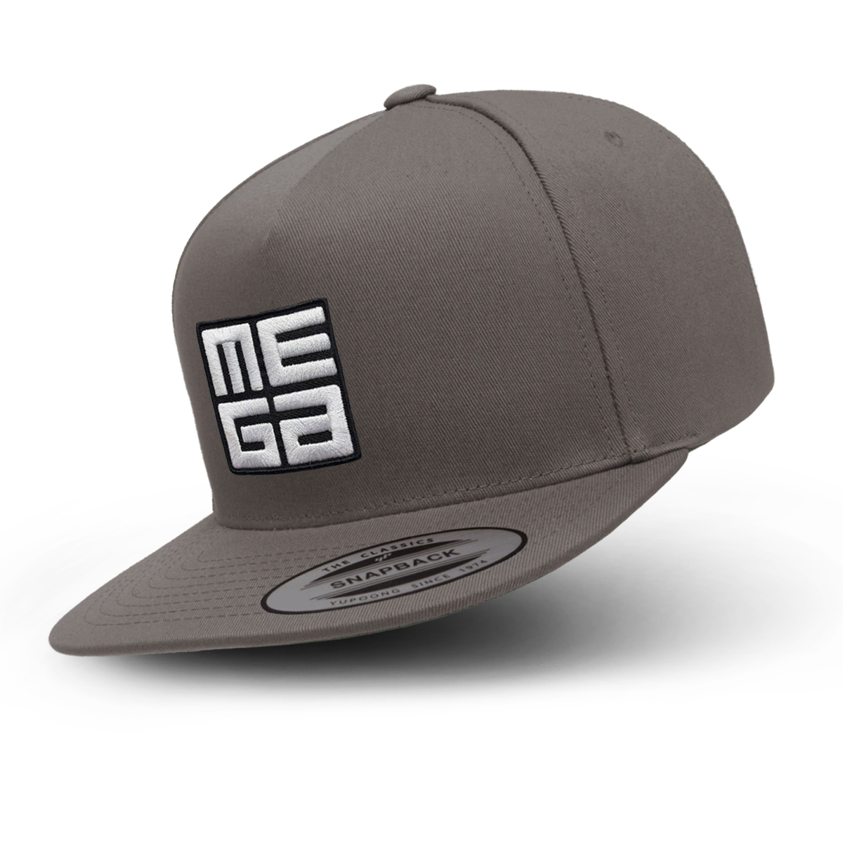 5-Panel Cotton Twill Snapback Cap, MEGA 2x2" B&W Patch on Grey
