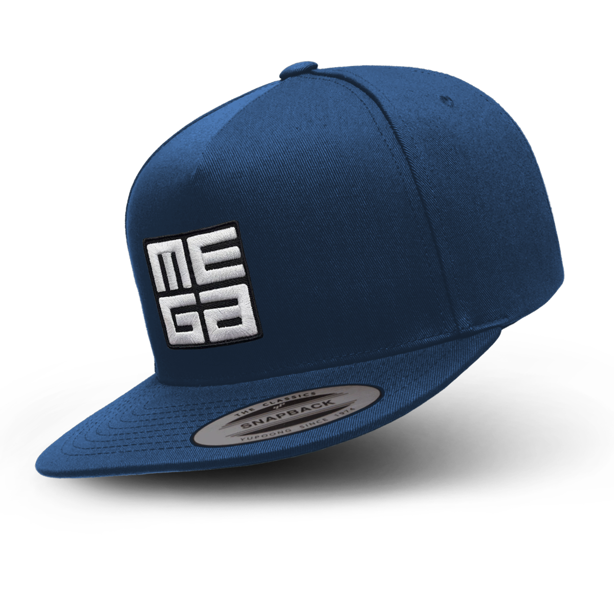 5-Panel Cotton Twill Snapback Cap, MEGA 2x2" B&W Patch on Royal Blue