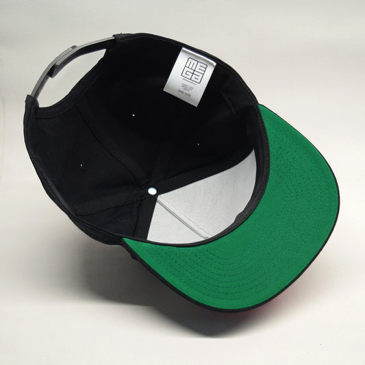 Cotton twill snapback cap, MEGA 2x2 black and white embroidered patch on black