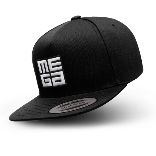5-Panel Cotton Twill Snapback Cap, MEGA 2x2" B&W Patch on Black