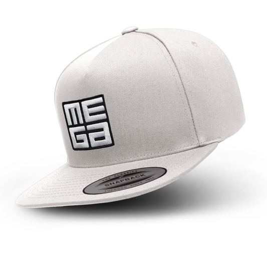 5-Panel Cotton Twill Snapback Cap, MEGA 2x2" B&W Patch on White
