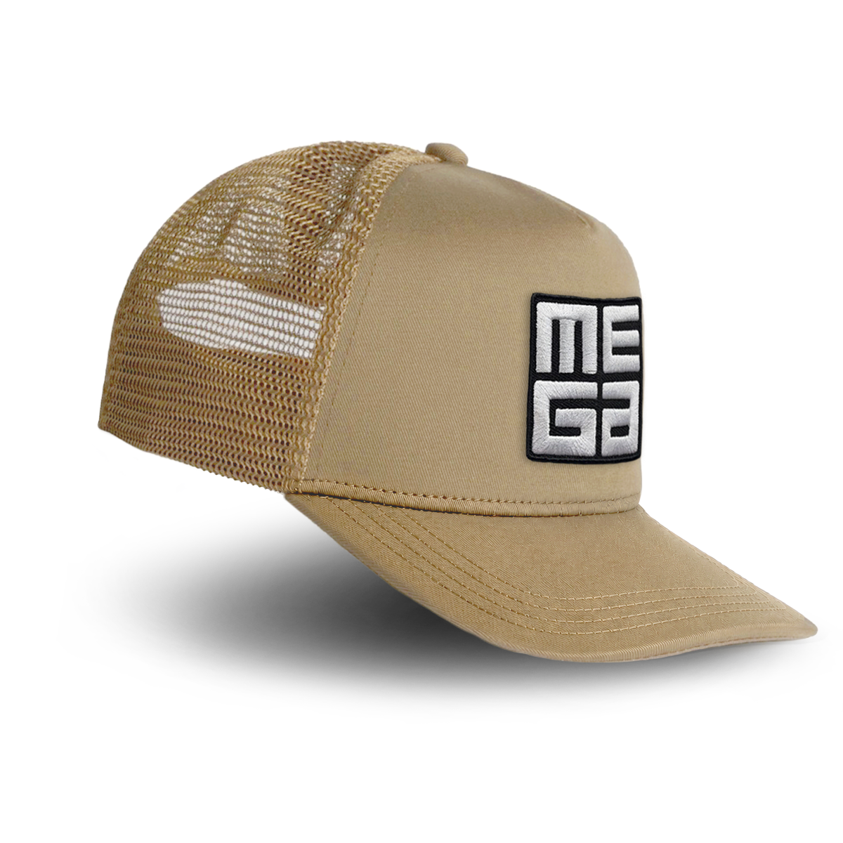 Trucker cap, MEGA 2x2" B&W Patch on Khaki