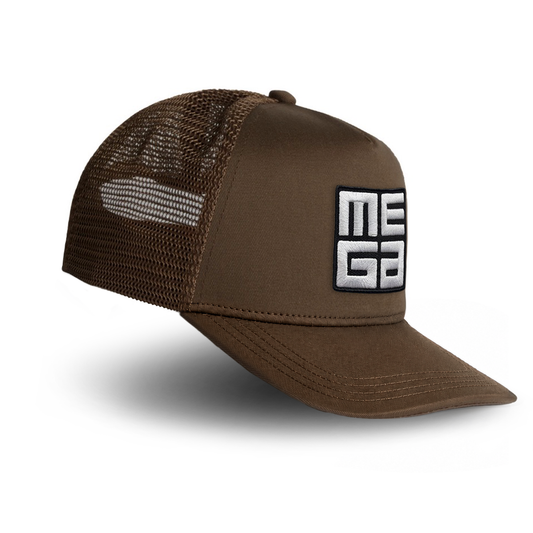 Trucker cap, MEGA 2x2" B&W Patch on Walnut