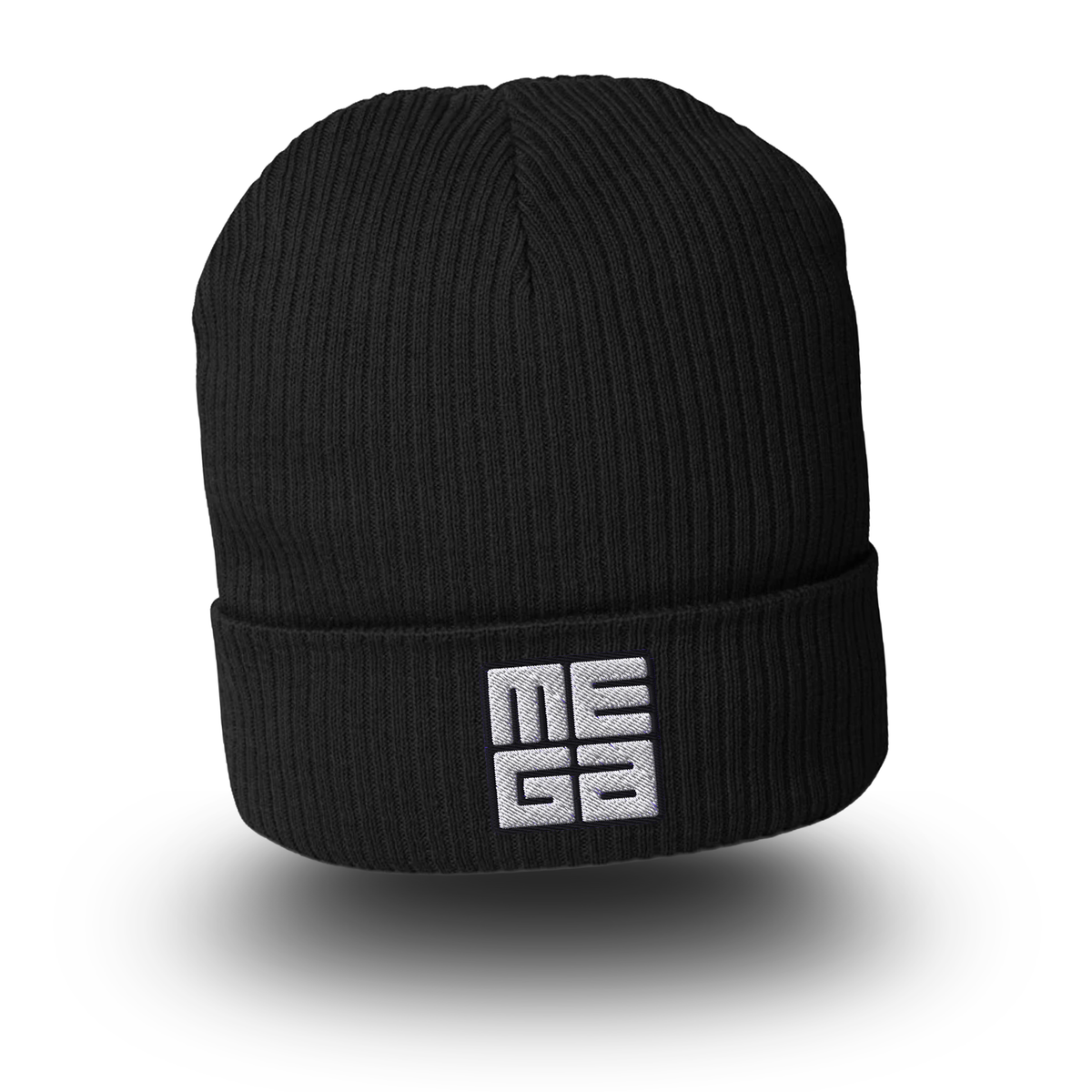 Organic Cotton Beanie in black with MEGA direct embroidery in black/white