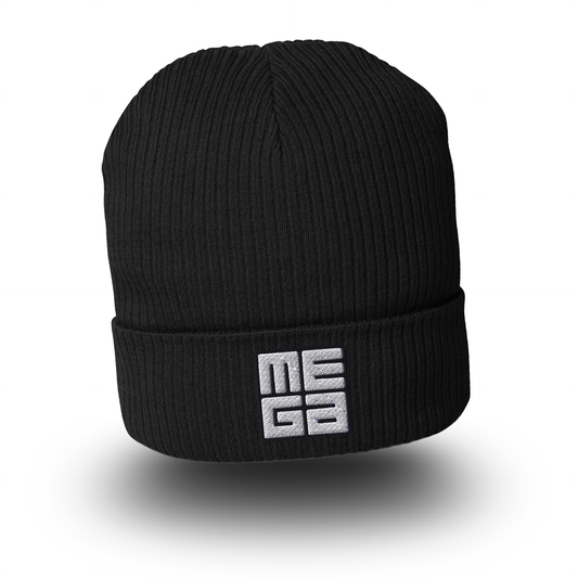 Organic Cotton Beanie in black with MEGA direct embroidery in black/white