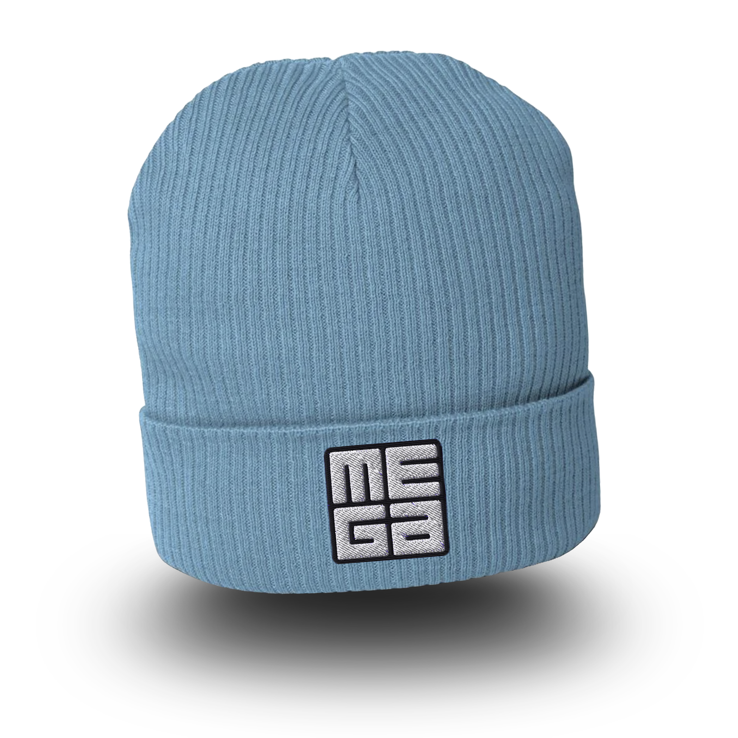 Organic Cotton Beanie in lightblue with MEGA direct embroidery in black/white