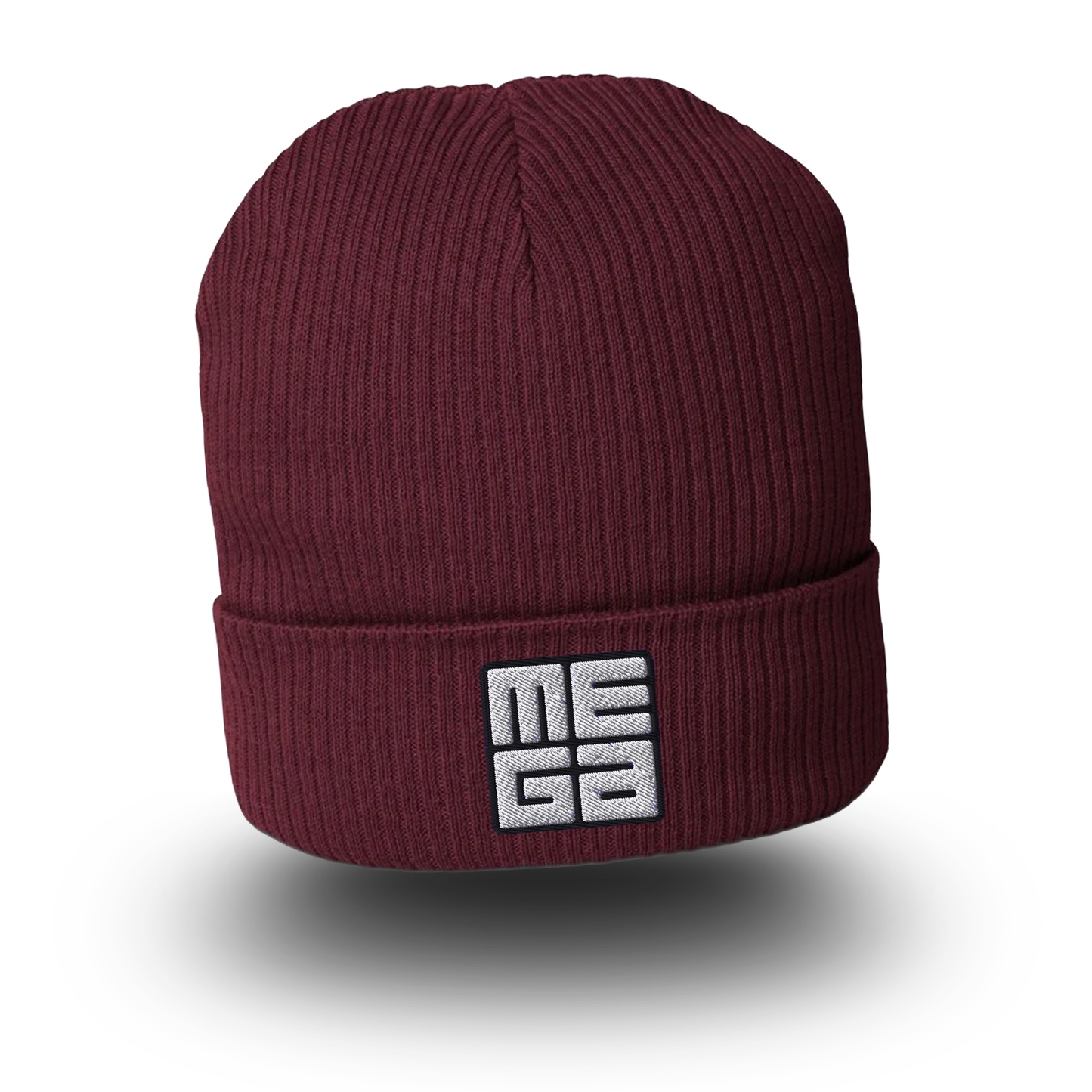 Organic Cotton Beanie in burgundy with MEGA direct embroidery in black/white