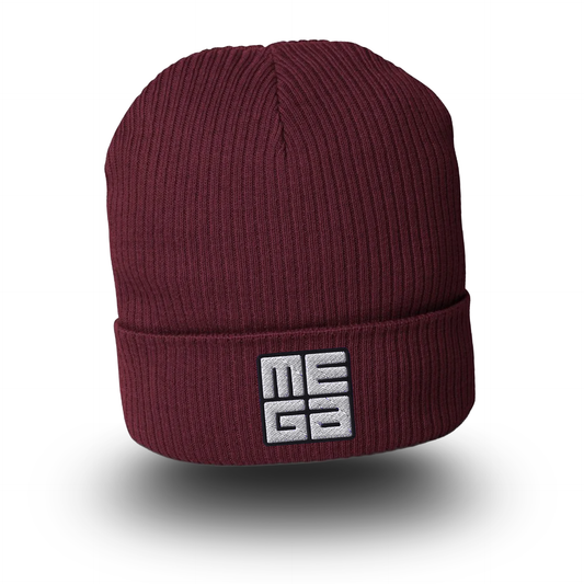Organic Cotton Beanie in burgundy with MEGA direct embroidery in black/white
