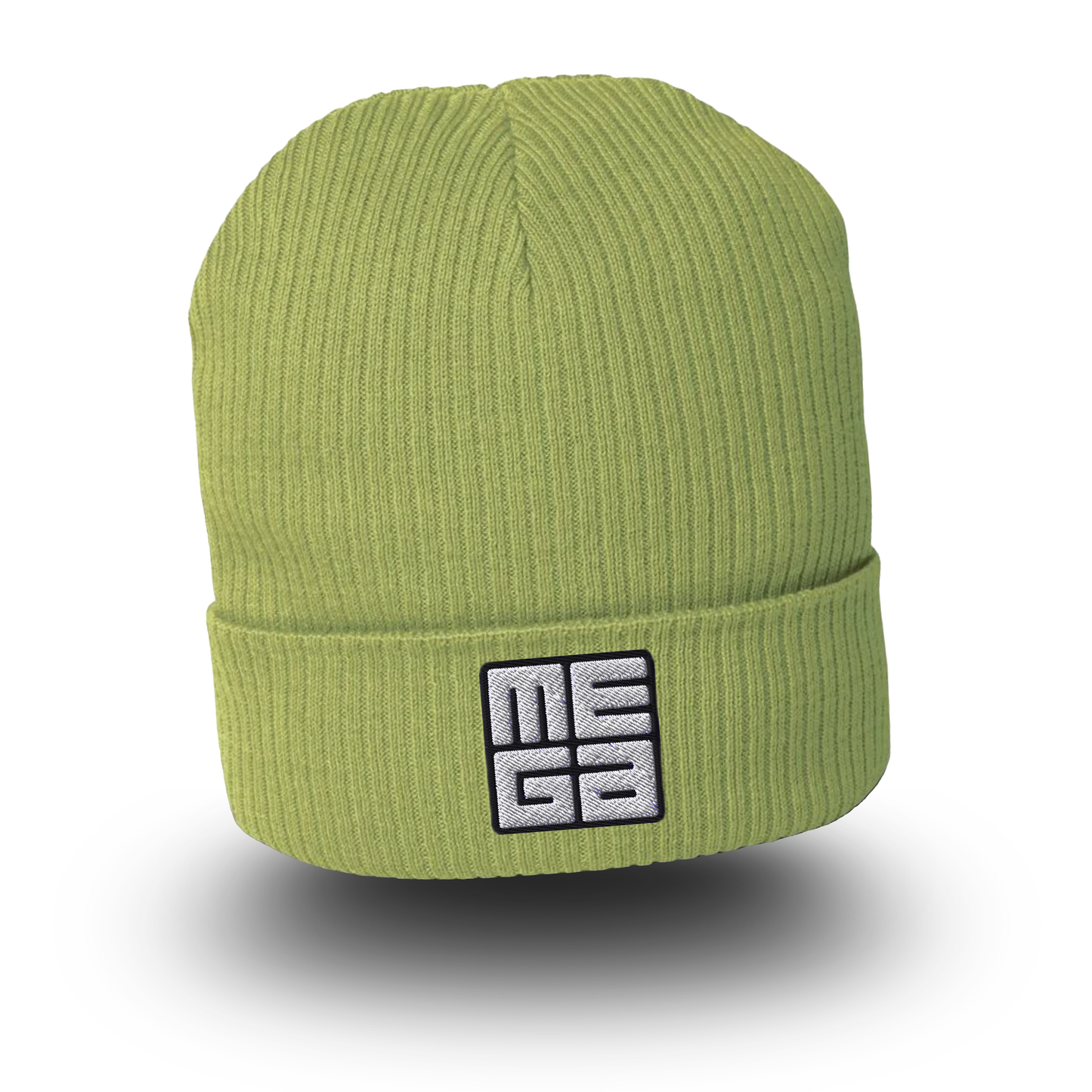Organic Cotton Beanie in lime with MEGA direct embroidery in black/white