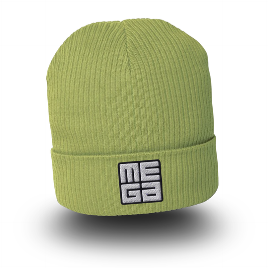 Organic Cotton Beanie in lime with MEGA direct embroidery in black/white
