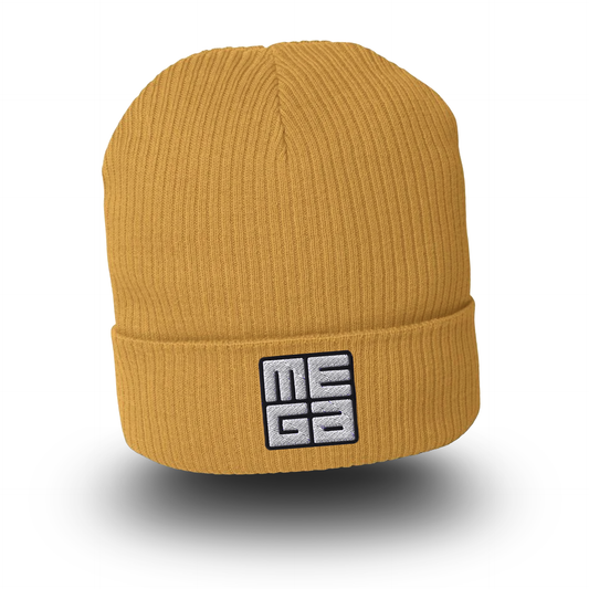 Organic Cotton Beanie in mustard yellow with MEGA direct embroidery in black/white