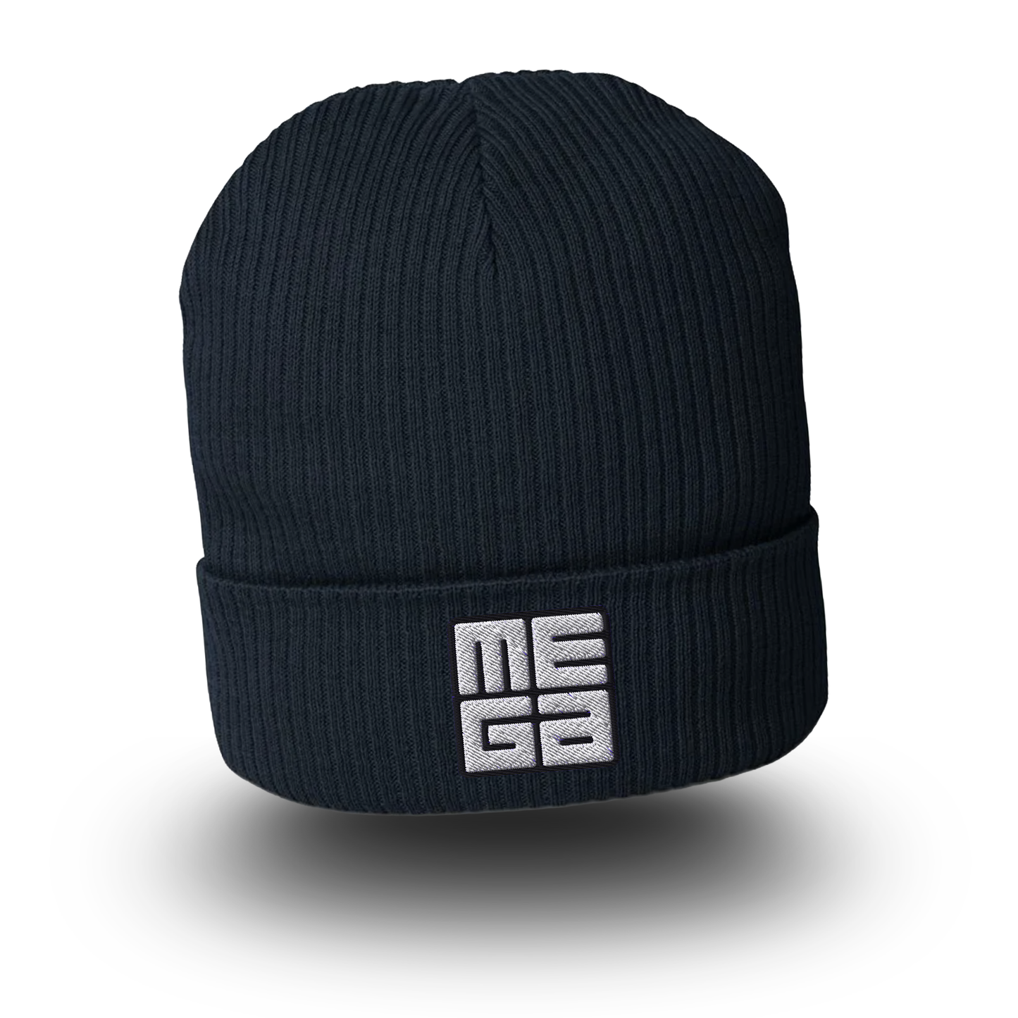 Organic Cotton Beanie in navy with MEGA direct embroidery in black/white
