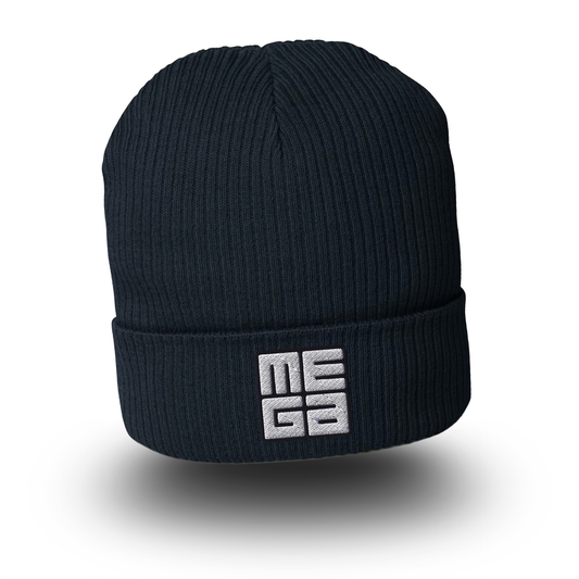 Organic Cotton Beanie in navy with MEGA direct embroidery in black/white
